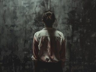 A woman standing in front of a wall, often used as a background or for portrait photography