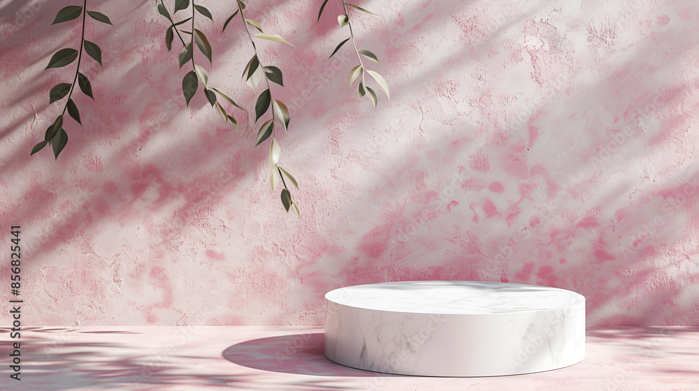 Poster 3d render of minimal geometric forms, podium for product display,botanical background with a subtle 