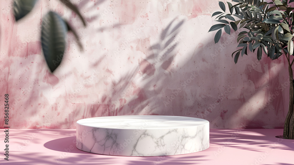 Poster 3d render of minimal geometric forms, podium for product display,botanical background with a subtle 