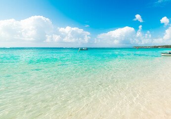 Turquoise water under a blue sky in a tropical beach