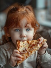 Naklejka premium A young child enjoying a slice of pizza, possibly at home or in a casual setting