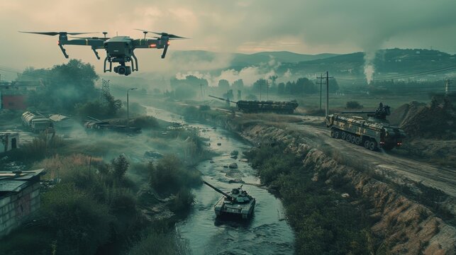 military tanks and flying combat drone advance during military conflict. combat operations using drones and tanks