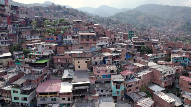 Aerial Drone Flyover Famous Colorful Comuna 13 Buildings And Rooftops, Medellin Colombia 4K