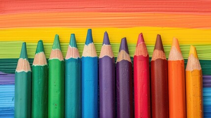 Rainbow crayons on rainbow paper background