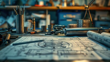 A table with a blueprint and various tools on it
