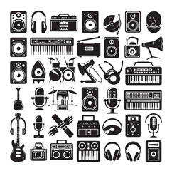 vector black music icons set