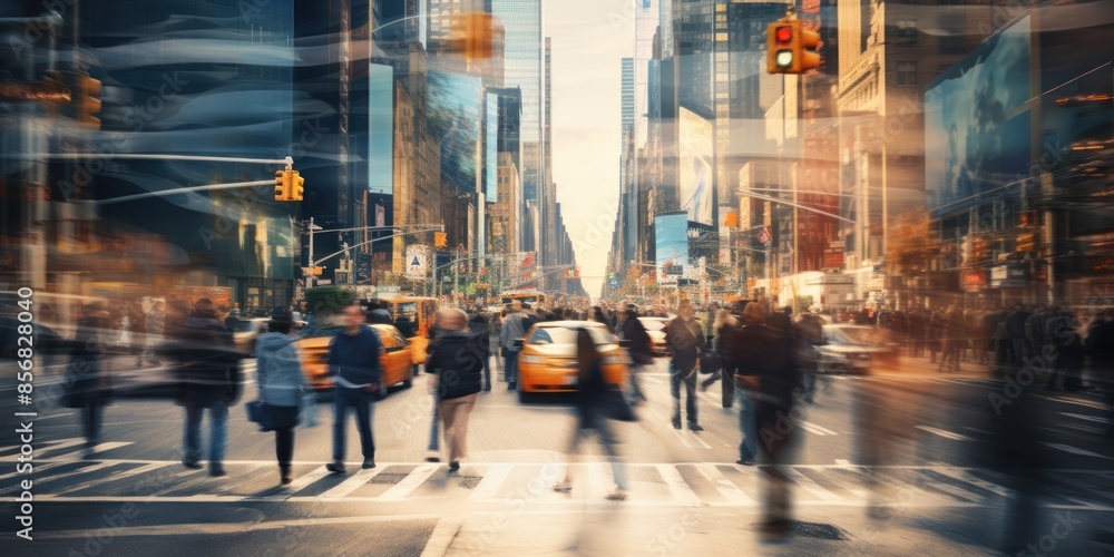 Wall mural busy street scene with crowds of blurred people walking across an intersection in new york city. blu