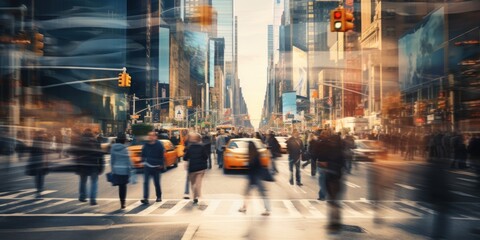 Fototapeta premium Busy street scene with crowds of Blurred people walking across an intersection in New York City. Blurred people walking
