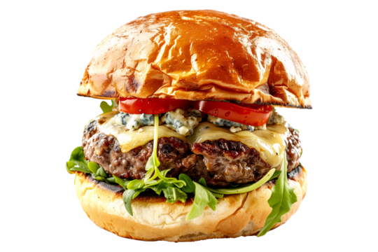 Blue Cheese Burger with fresh tomato in a brioche bun isolated on transparent white background