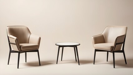 Beige color wooden chairs with table mockup isolated on a beige color theme background, two chairs with a table in the room