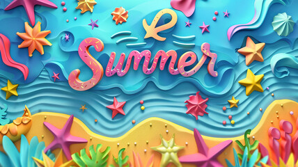 Fototapeta premium 3D doodle on Summer vacation theme. Tropical beach colors background. Banner design. Time to travel concept.