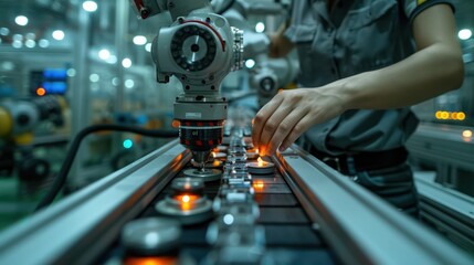 Fototapeta premium A person is working on a machine that has a clock on it