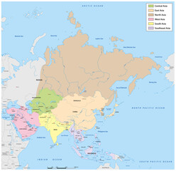 Administrative vector map of Asia divided into the six main regions