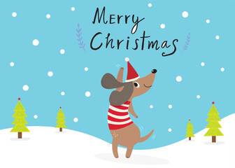 Cute dog hand drawn Doodle Vector  in christmas day, cute animal, Dachshund