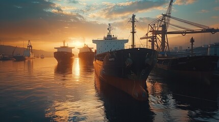 Fototapeta premium A large ship is docked at a pier with other ships in the background