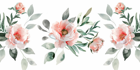 Set of soft coral pink peony flowers and leaves isolated on a white background. Watercolor collection of hand-drawn flowers, botanical plant illustration. Bridal wedding invitation peonies collection