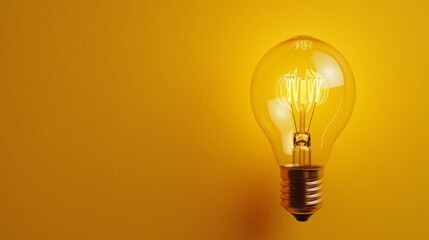 Illuminated light bulb on yellow background, minimalistic concept