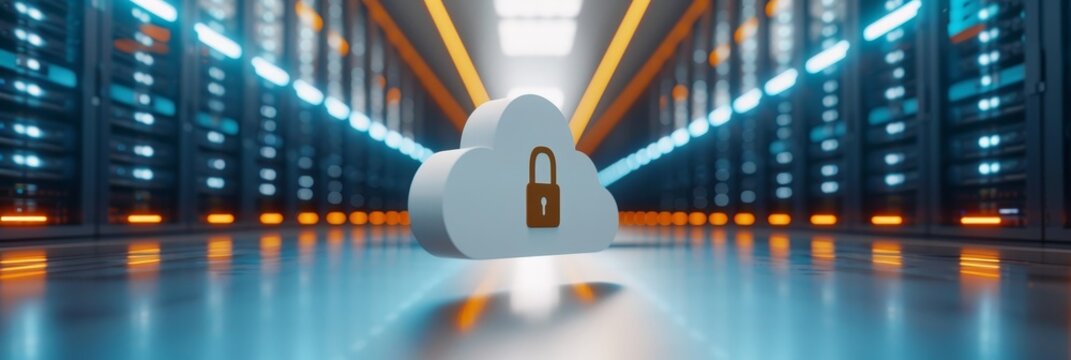Golden lock symbol on white cloud in server room with blue lights, symbolizing data security - Powered by Adobe