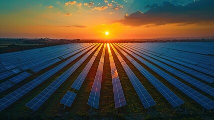 A field of solar panels with the sun setting in the background