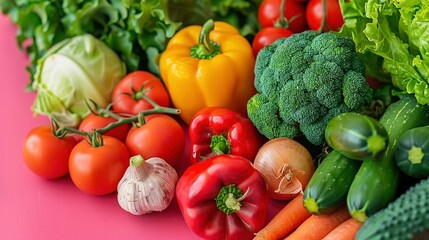 Vibrant assortment of fresh vegetables closeup image. Yellow and red bell peppers. Tomatoes, broccoli, cucumbers. Carrots, garlic and lettuce close up photo. Healthy eating concept