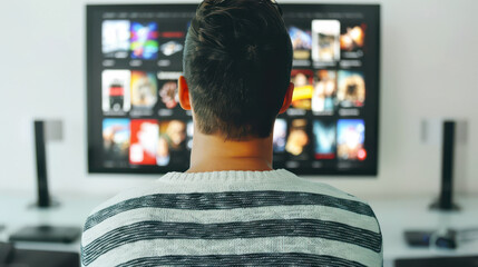Person Browsing Streaming Apps on TV. A person browsing through streaming apps on a smart TV, showcasing the variety of entertainment options available in modern digital media.