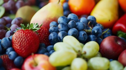 Mix of strawberries, blueberries, grapes and pears closeup image. Summertime fruits close up photography. Ingredients freshness. Appetizer healthy eating concept photo realistic