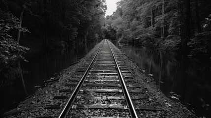 Fototapeta premium A classic black and white image of an abandoned train track landscape