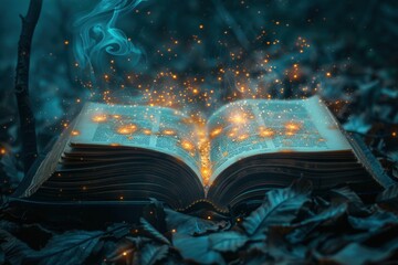 An open book glows with enchanting light amidst a fantastic and mystical blue setting © Nena Photo