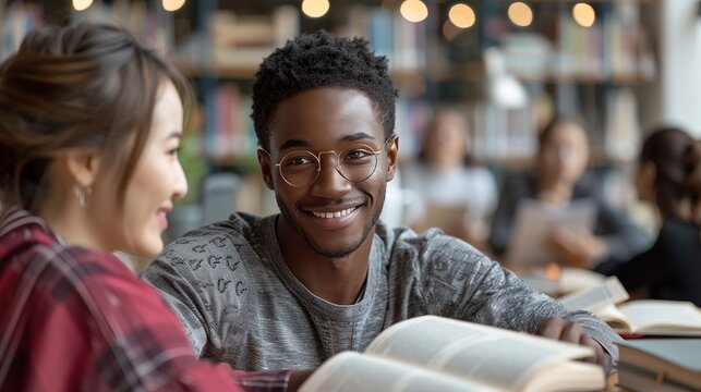 Happy black male student with asian woman groupmate in library image. International students in college photography scene wallpaper. Education concept photorealistic photo