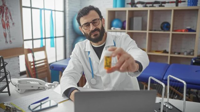 Bearded doctor in lab coat holding medication in a clinic office with laptop and anatomy poster.