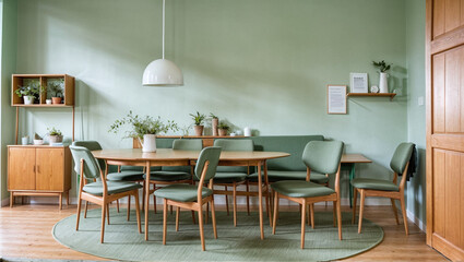 Mint color chairs at round wooden dining table in room with sofa