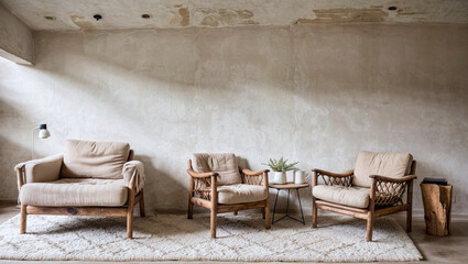 Rustic minimalist home interior design of modern living room, Fabric lounge chair and wood stump side table