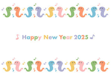 2025年巳年の年賀状: カラフルな蛇と音符の模様