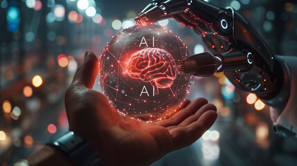 AI, Machine learning, Hands of robot and human touching on brain concept as big data network connection, Data exchange deep learning, Science artificial intelligence technology futuristic innovation .