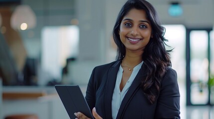 Positive hindu female business specialist image copy space. Indian lady with tablet in company office banner background blurred. Successful career concept photography copyspace