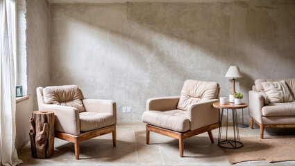 Rustic minimalist home interior design of modern living room, Fabric lounge chair and wood stump side table