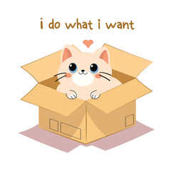 I do what i want typography with cute cat in the cardboard box illustration vector