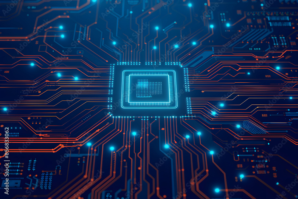 Poster abstract ai circuit board background. technology connected blue lines with electronics elements on t