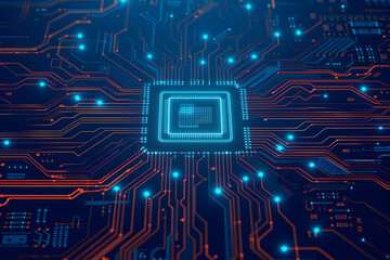 Abstract AI circuit board background. Technology connected blue lines with electronics elements on tech bg. Computer motherboard with a chip, processor, and semiconductor. Digital vector illustration