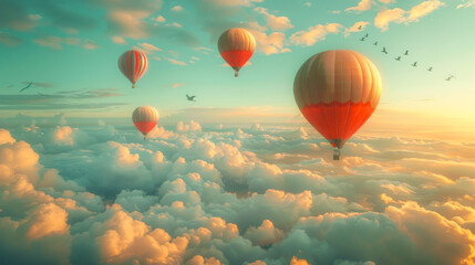 Whimsical Hot Air Balloons in Cloud-Filled Sky. Whimsical hot air balloons floating in a sky filled with fluffy clouds during a serene sunrise, capturing the essence of adventure and tranquility.