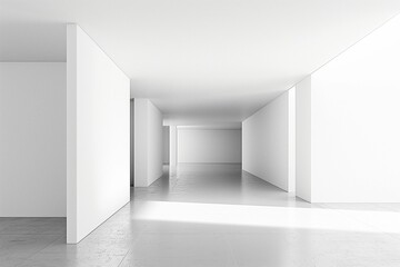 Minimalistic white interior of a modern building with clean lines and natural light.