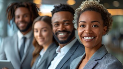 Positive business team of multiracial people image copy space. Successful young office employees banner background blurred. Commercial company concept photography copyspace