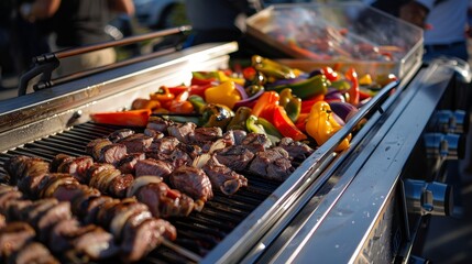 Naklejka premium A closeup of a solar powered grill in action searing delicious meat and vegetables for a crowd of eager patrons.
