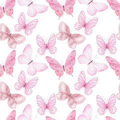 Fototapeta premium Watercolor seamless pattern. Vintage pink butterflies on white background. Hand drawn illustration