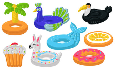 Set of swimming circles in the form of donut, Lama, mermaid, cupcake, orange, Toucan, peacock, Palma. The floating animals are suitable for a summer themed pool party. Isolated illustration Collection