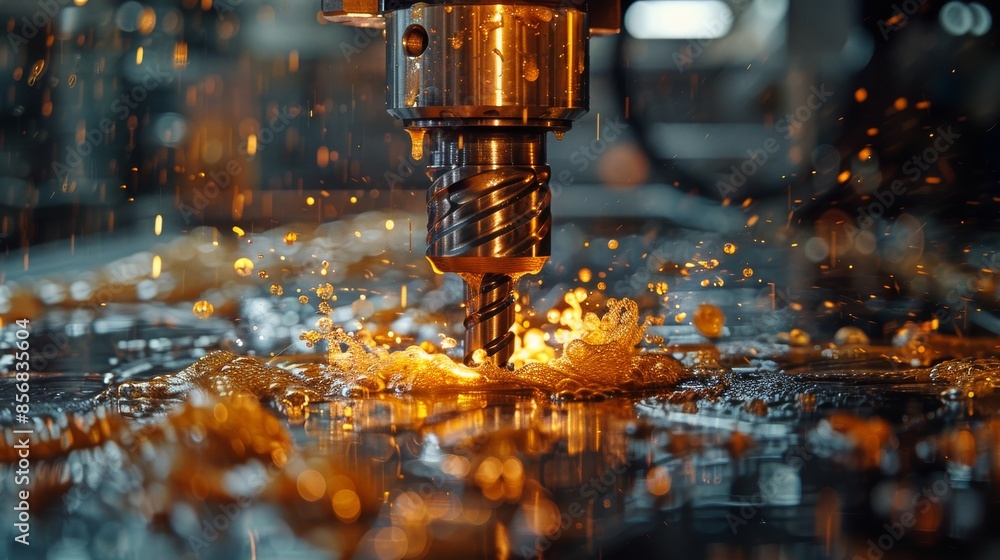 Poster close-up of a cnc machine at work, cutting metal with sparks flying around creating a fiery scene