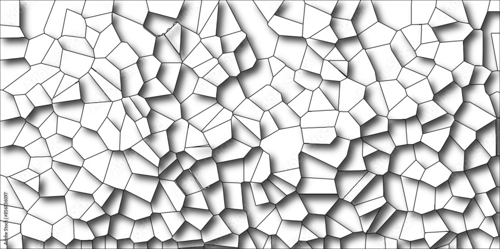 Poster white broken stained glass background with black lines. 3d shapes geometric retro tiles pattern. qua