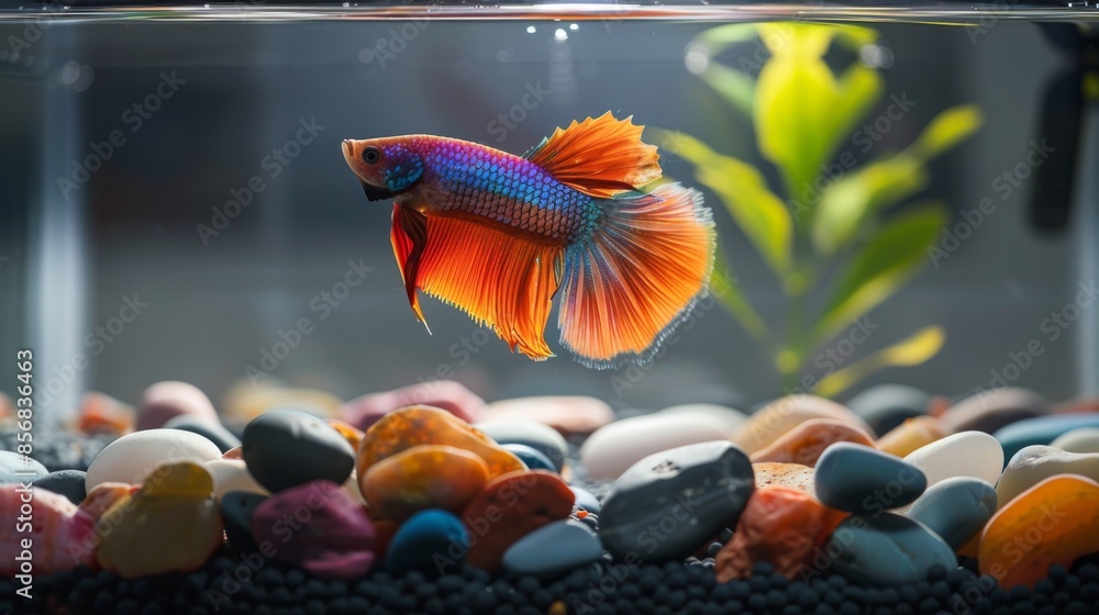 Poster A Betta fish in a minimalist tank with colorful stones, creating a simple yet striking aquatic display.