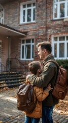 Obraz premium A father and son hug before school on a fall day