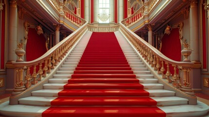 Red carpeted grand staircase with gold railings in an opulent hall, architectural and interior design concept, raw and refined detail